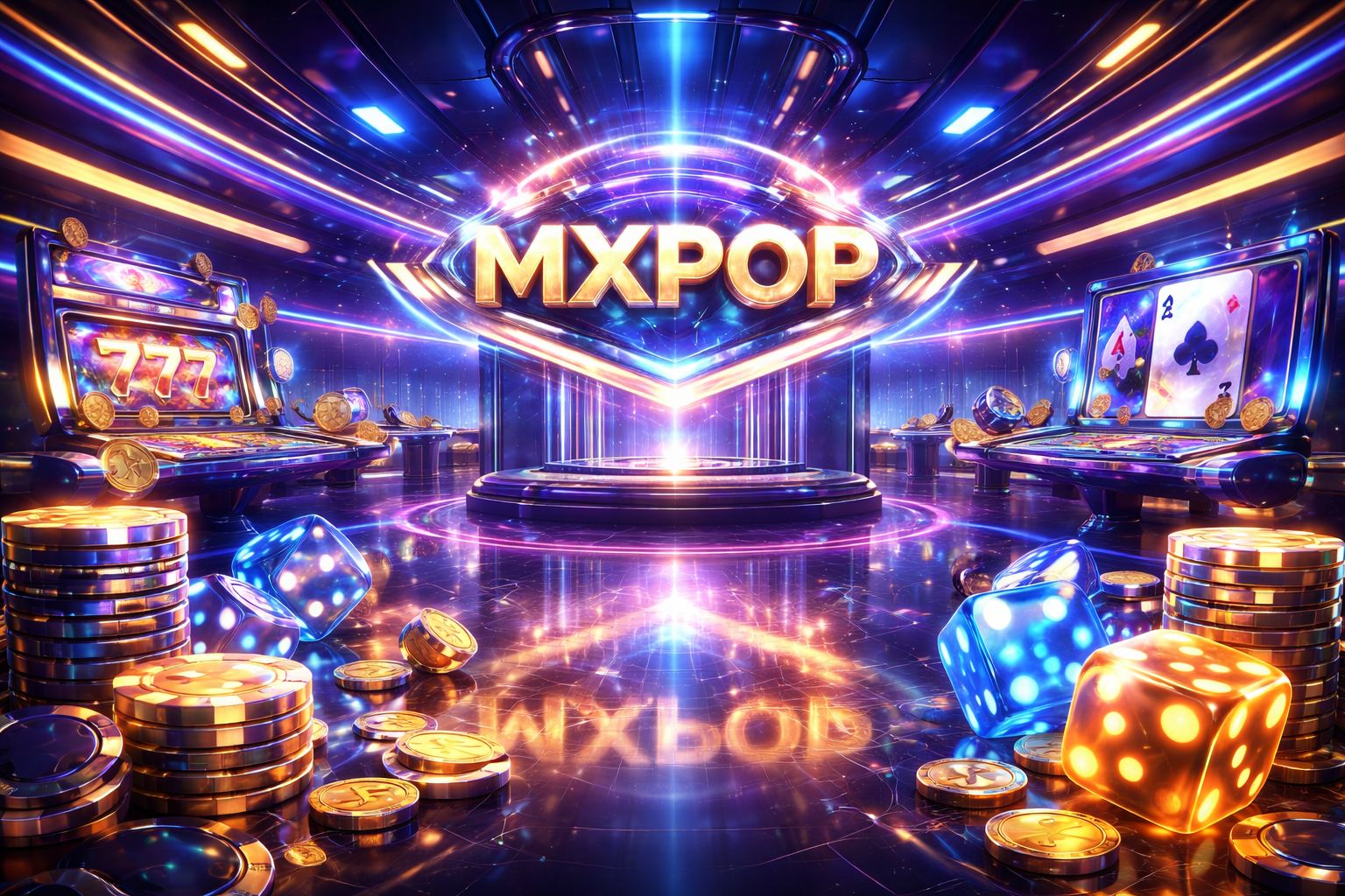 Escena vibrante del lobby de juegos MXPOP con fichas flotantes, cartas, dados y pantallas brillantes en un estilo moderno de casino.