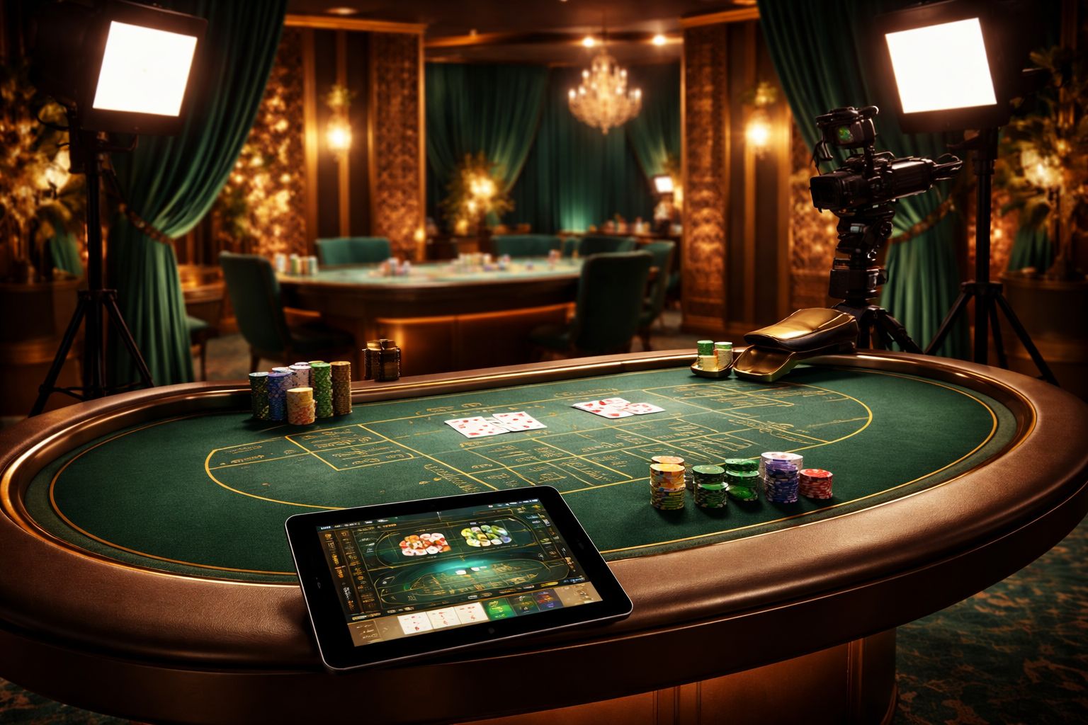 Configuración moderna de casino en vivo con un jugador usando una tableta mientras un crupier profesional dirige una mesa de blackjack en un estudio iluminado.