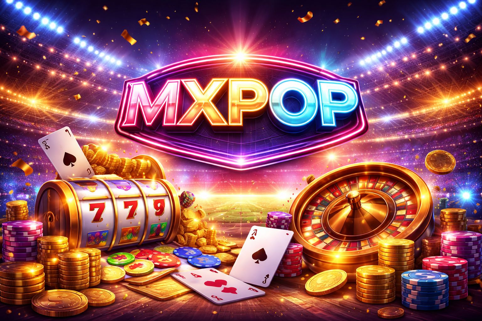 Una vibrante escena digital de juegos con MXPOP mostrado prominentemente, monedas brillantes, cartas y elementos deportivos en una atmósfera festiva.