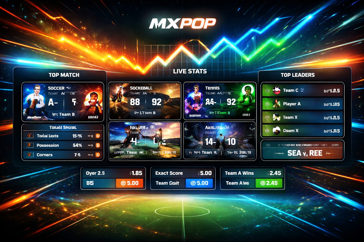 Una dinámica pantalla de deportes y juego rápido MXPOP mostrando multiplicadores en aumento, estadísticas y visuales de acción rápida.