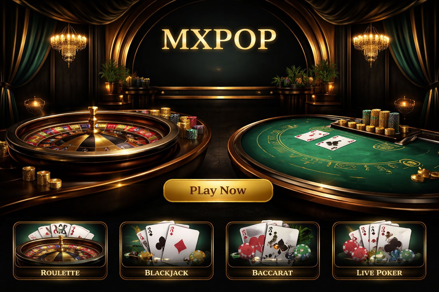Una interfaz pulida de estudio de crupier en vivo en MXPOP con cartas, disposición de ruleta e iluminación elegante.