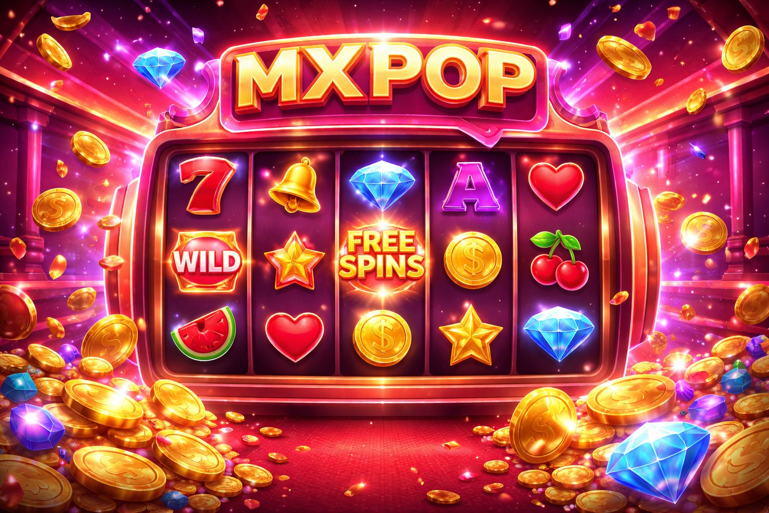 Coloridos carretes de tragamonedas MXPOP con símbolos brillantes, monedas y un momento de victoria celebratorio en pantalla.