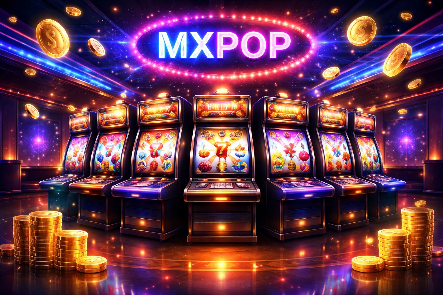 Vestíbulo de tragamonedas MXPOP con carretes brillantes y visuales estilo casino